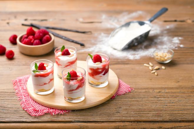 Recette de verrine dessert : gâteau au fromage et framboises